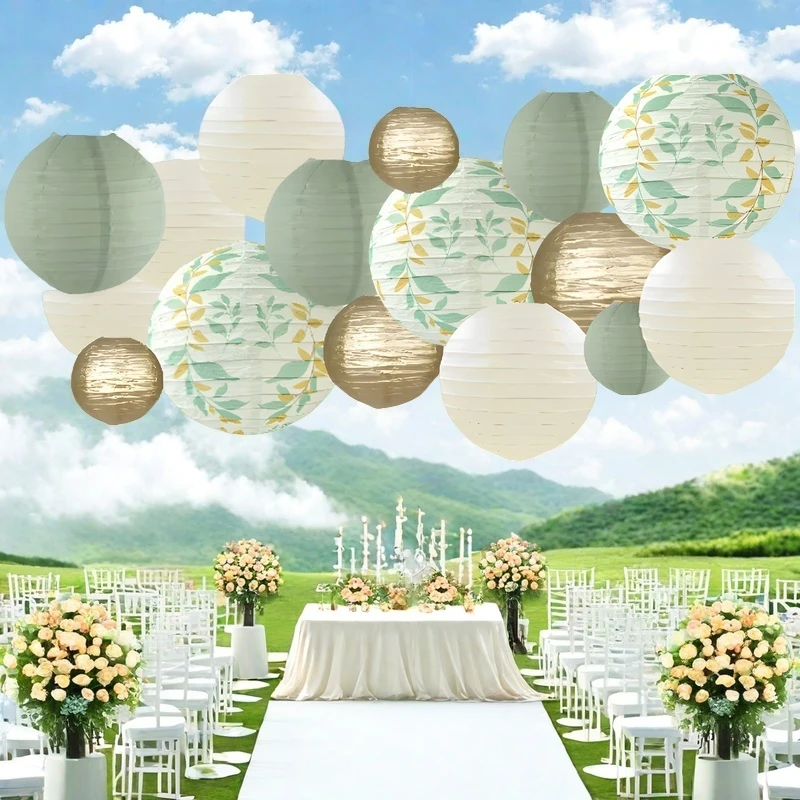 Round Paper Lanterns Set Of 16 - Green & Brown Hanging Lanterns For Jungle Theme, Graduation, Wedding