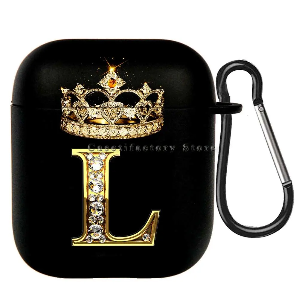 Elegant Diamond Crown Initial AirPods Case - Black Wireless Bluetooth Earphone Cover
