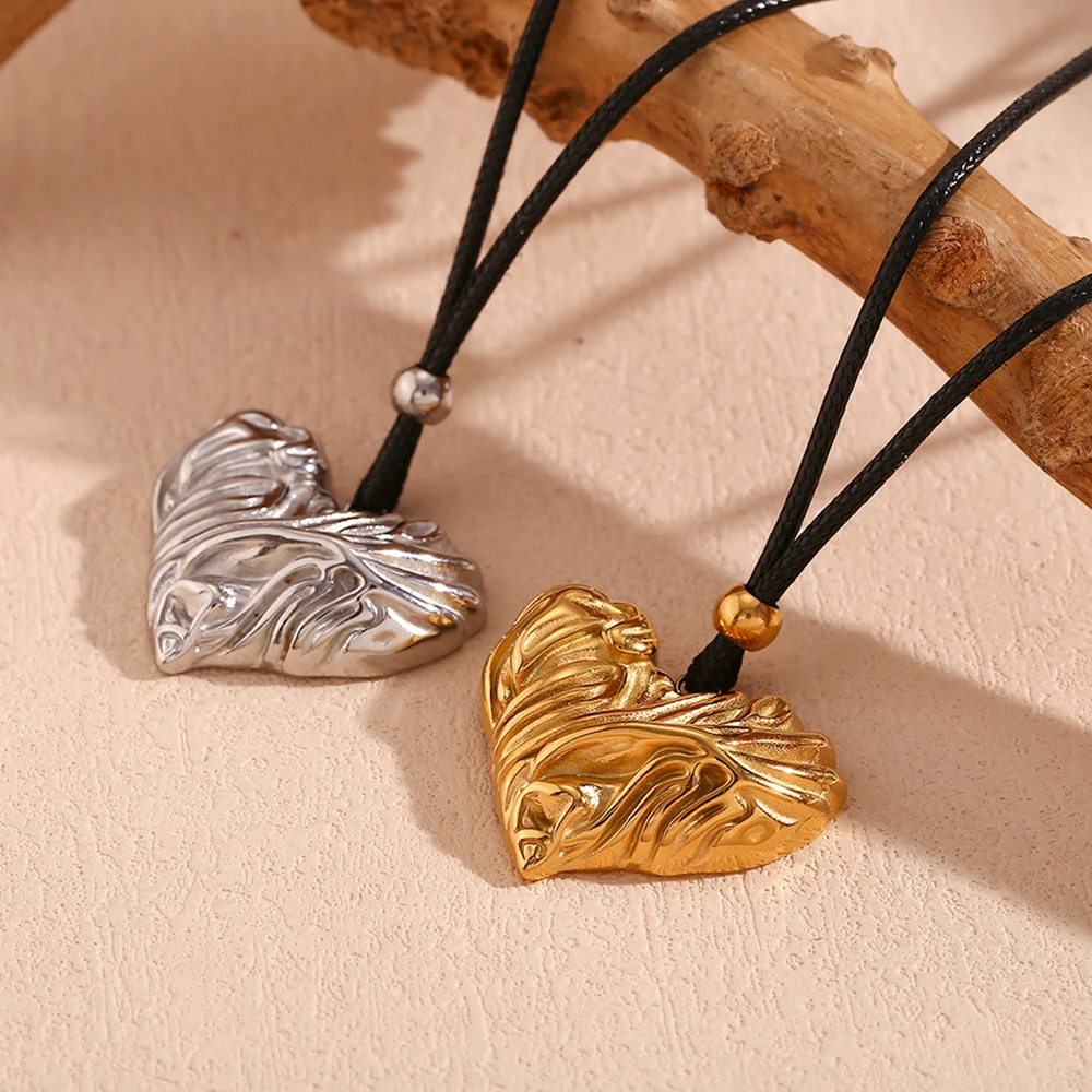 Leather Cord Pleated Heart Pendant Necklace Tarnish Free 18K