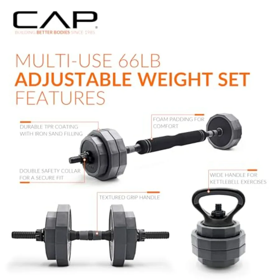 Multi-Use Adjustable Weight Set - Versatile Dumbbell, Barbell & Kettlebell for Full-Body Workouts | 66 lb Set