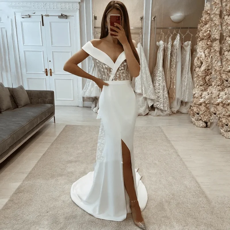 

Wholesale Bow Lace Mermaid Wedding Dresses for Women 2023 Off Shoulder Appliques Side Slit Bridal Gown for Women