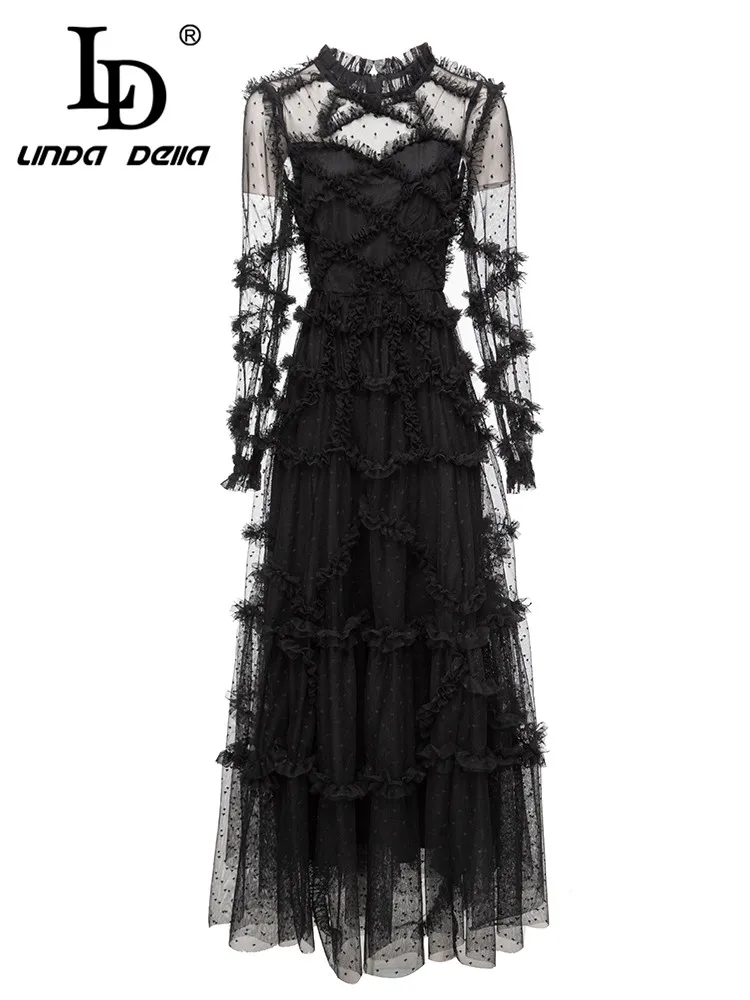 LD LINDA DELLA Summer Vintage Elegant Party  Dress Women's Black Striped High Waist Button Hollow Out Print Dissymmetry Dress