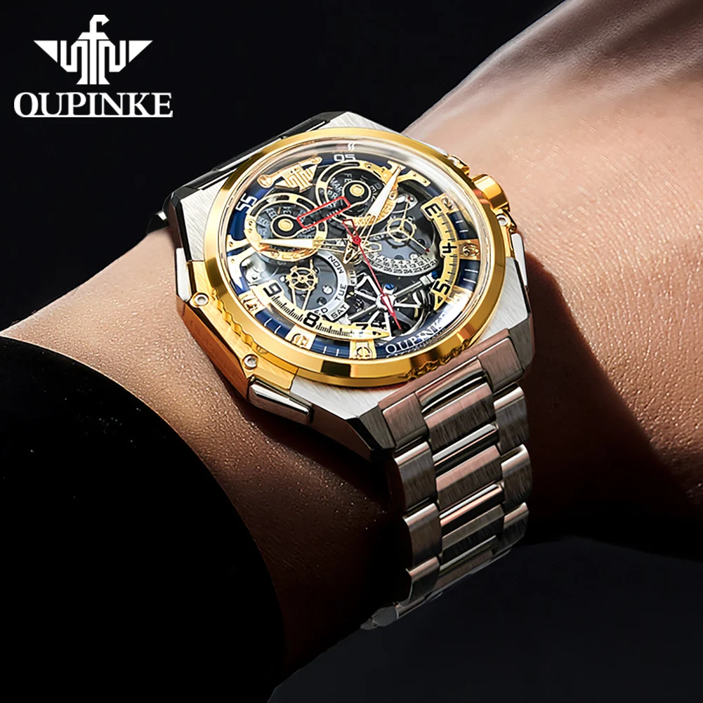 OUPINKE 3266 Automatic Man Watch Skeleton Flywheel Mechanical Watch For Men 45mm Big Dial 50M Waterproof Luxury Men's Watches