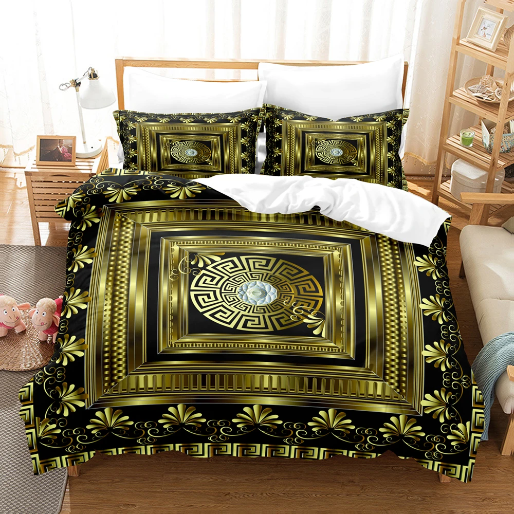 3D Luxury Black Gold Bedding Sets New Greek Key Meander Duvet Cover Sets Bed Linens Queen King Size Modern Geometric Bedspread