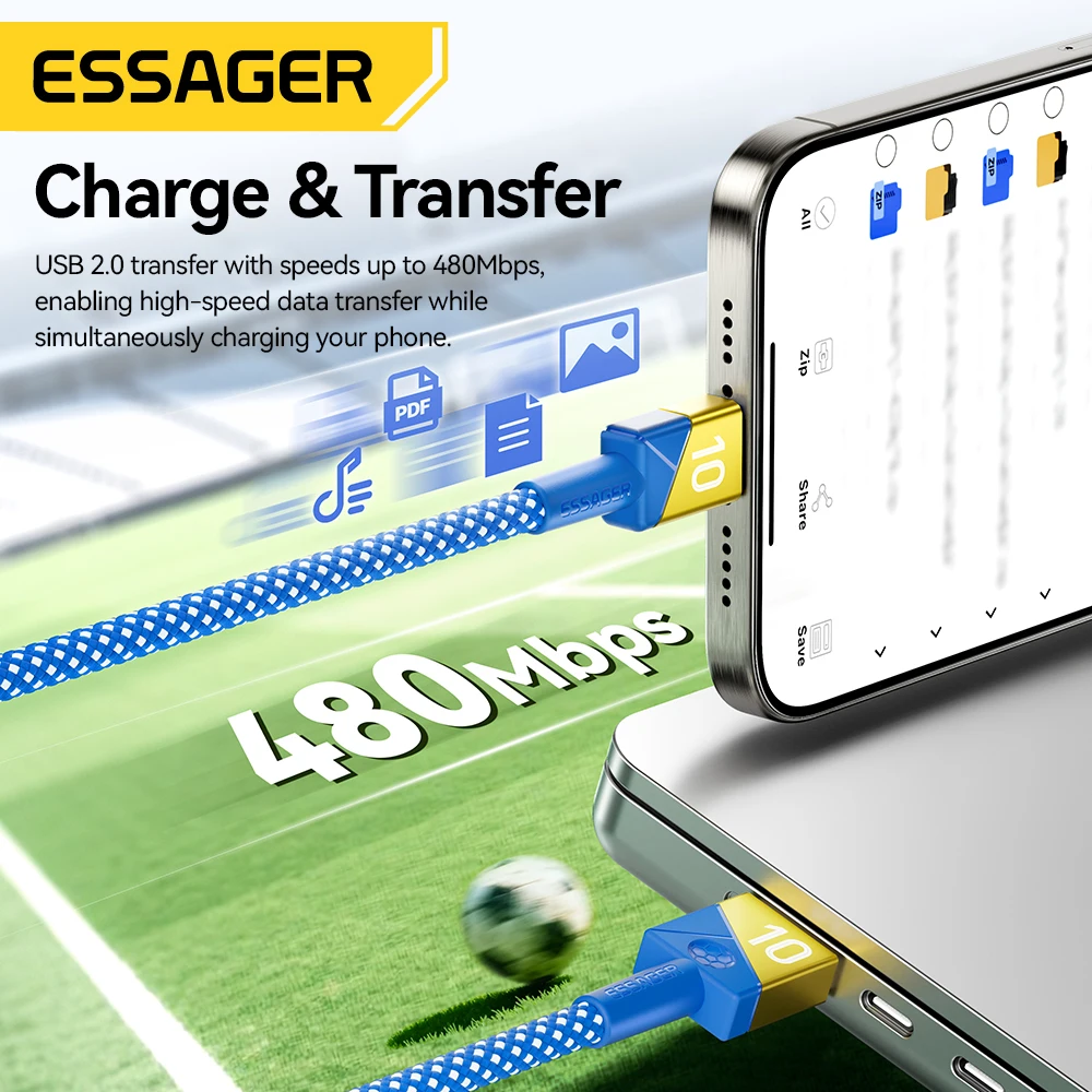 ESSAGER 100W 7A USB Type C Cable For Huawei 88W Super Fast Charging Wire Football Team Colors Cord For Xiaomi 15 Samsung Oneplus