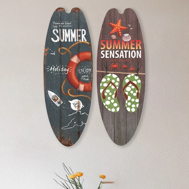 String Festival Bar Home Decor 2Pcs Vintage Wooden Sign Surfboard Wooden Sign Beach Style Hanging