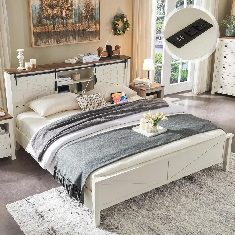 Description Picture 2 of itemFarmhouse Queen Size Bed Frame w/Storage Bookcase Headboard, Sliding Barn Door, Charging Station, Rustic Wood Platform Bed