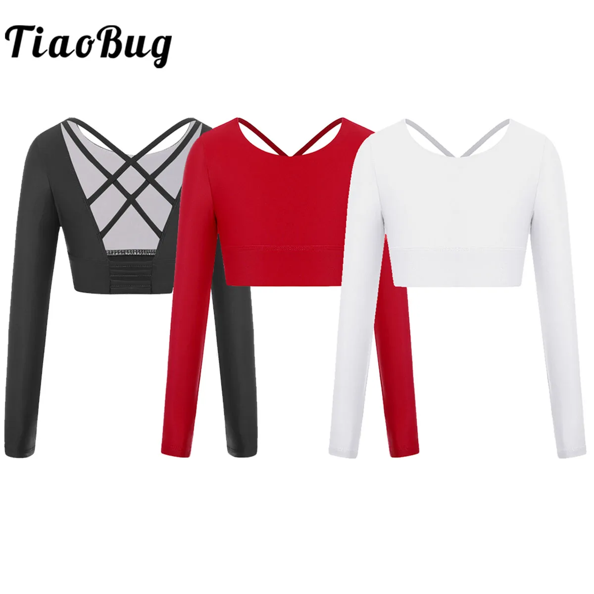 

Girls Sports Pure Color Long Sleeve Crop Top Jazz Ballet Street Dance Workout Dancewear Criss Cross Open Back Sports Bra Tops