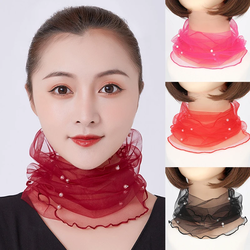 

Women Elegant Mesh Pearl Transparent Collars Women Lace Beaded Scarf Spring Summer Scarves Wind Sun Protection Clothes Accessory