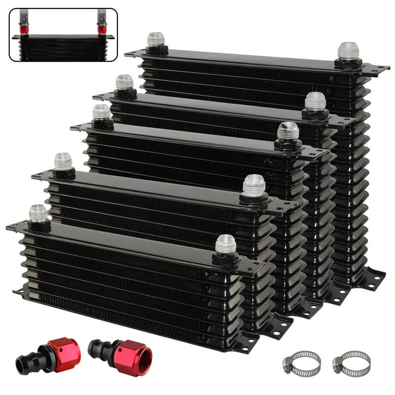 

Aluminum Oil Cooler AN10 90°/0° Fittings Kit 13 Row 262MM 7/8"-14 UNF Universal Engine Transmission TRUST Style Blue/Black