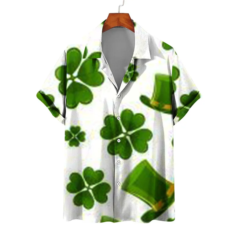 thumbnail image 1 of Camisas de verano con estampado de trébol de cuatro hojas para hombre y mujer, camisas casuales de manga corta con solapa, estilo hawaiano, para playa, estilo urbano, 1 of 5