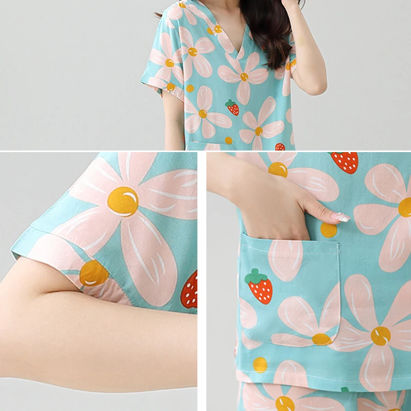 Women's Pajamas Sets 2-piece Sleepwear Lounge Sleep Set Soft Short Sleeve Tops with Pocket and Fifth Pants Knee Length Pjs Set