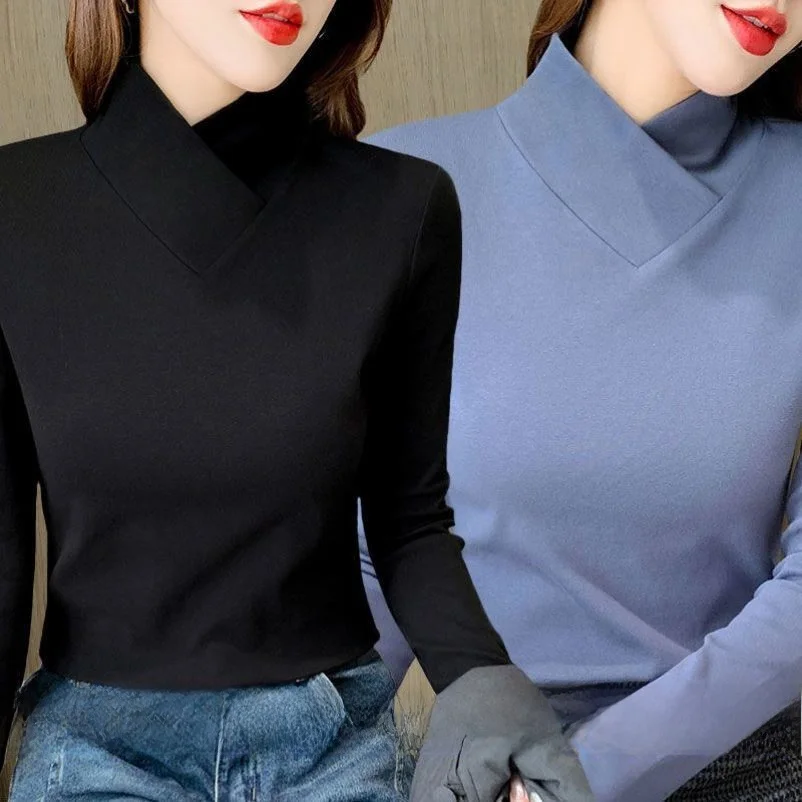 Double-Sided Velvet Thermal Long Sve V-Ne Slim Fit Top Women's Faionable Commute Sle T-irt Autumn Winter New Arrival