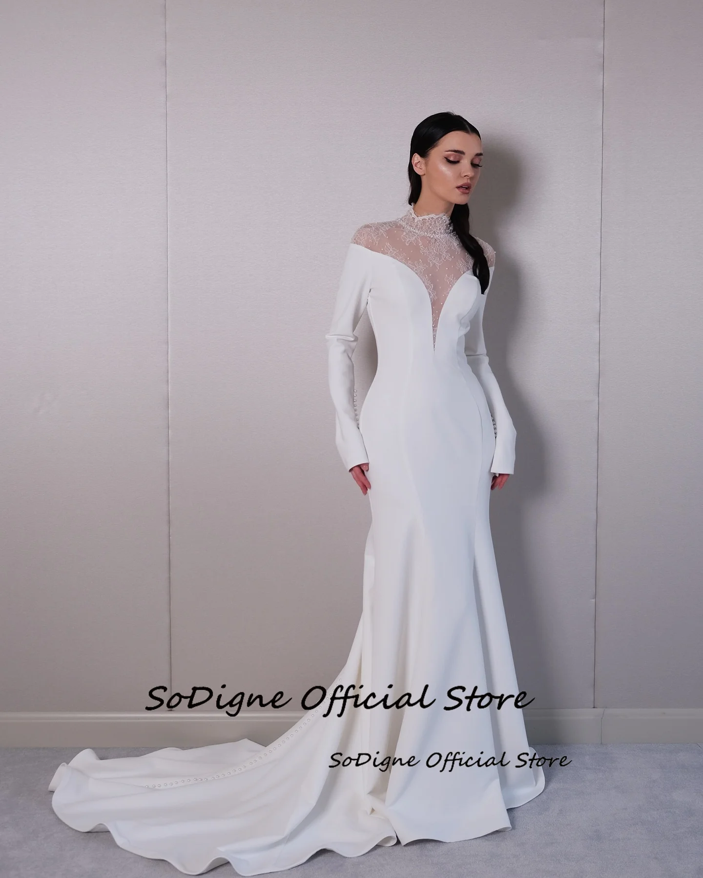 SoDigne Mermaid Lace/Satin Bride Dresses High Neck Full Sleeves Wedding Dress Long Bridal Gowns vestidos de novia Customized 14 S5e64cc2cd8bb426e91e99a8c883742a5s