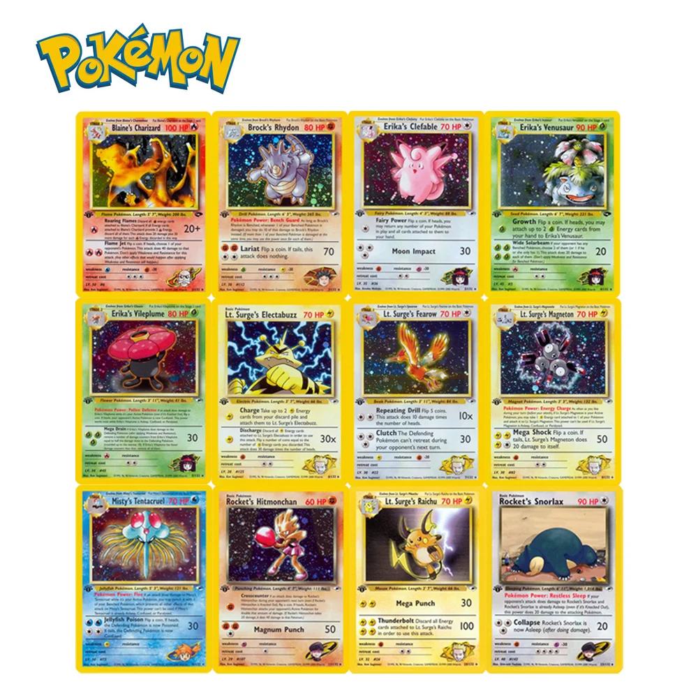 

Pokémon Gym Single Flash Cards Blaine's Charizard Erika's Clefable Trainer Energy Game Collection Cards Kids Toys