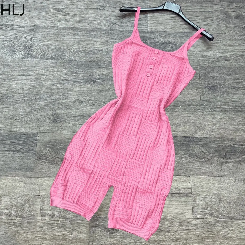 HLJ Summer Solid Color Knitting Button Bodycon Rompers Women Thin Strap Sleeveless Slim Jumpsuits Casual Female Backless Overall