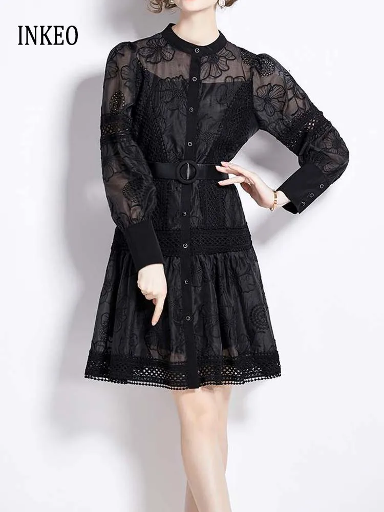 

Vintage Luxury Lace embroidery shirt dress for women 2024 Summer Sexy See-through Lantern sleeve dresses with belt INKEO 4D016