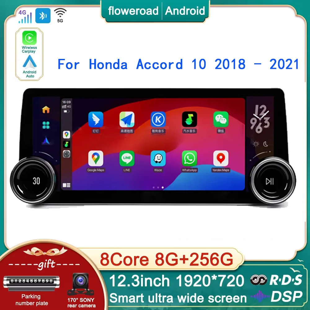 Car Radio Stereo For Honda Accord 2018-2021 Dash GPS Navigation: 10.1" IPS Touch Screen Head Unit, CarPlay & Android Auto, 32GB, SWC, Rear View