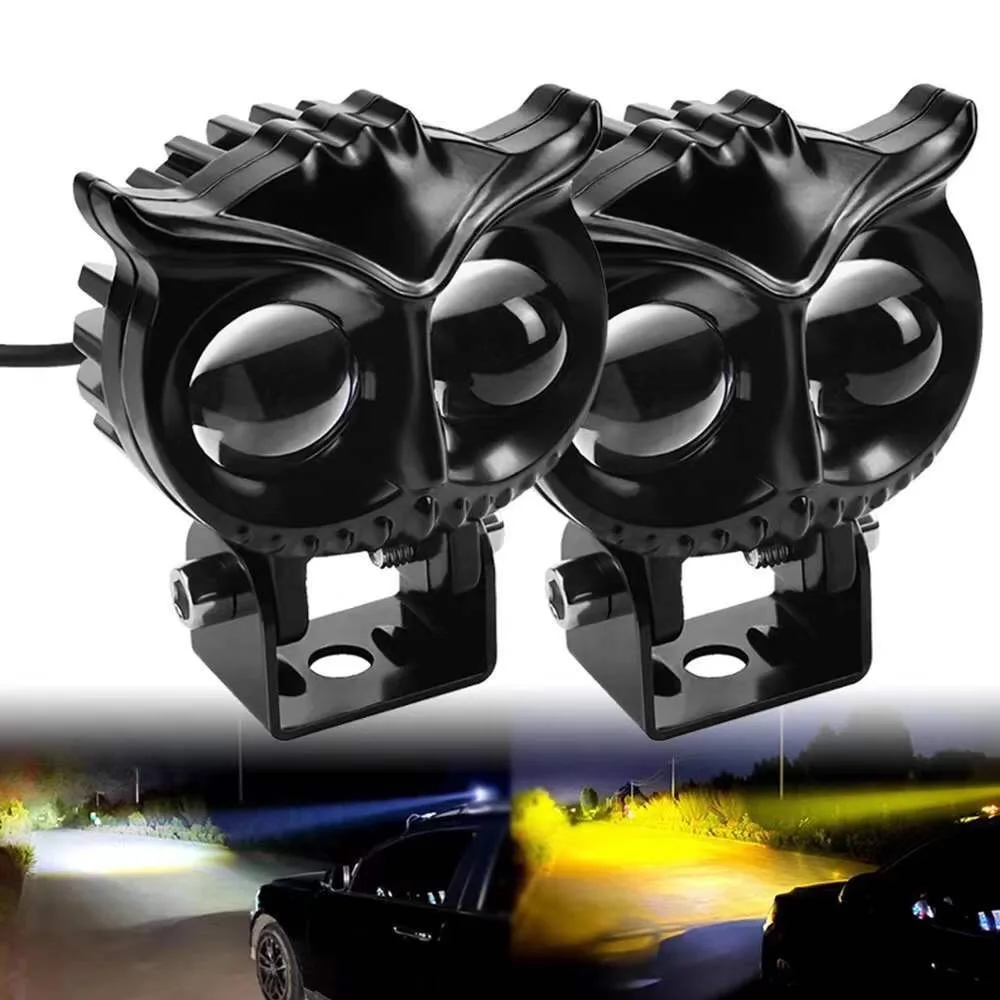 1pcs High Low Beam OWL Fog Light for Motorcycle White Yellow Projector Lens Dual Color Led