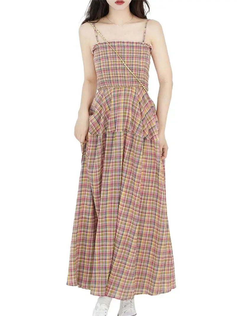 

Summer 2024 New Women Plaid Camisole Long Dress Slim Soft Korean Cotton Dress Elegant Ladies Square Collar Mori Girl Style Chic