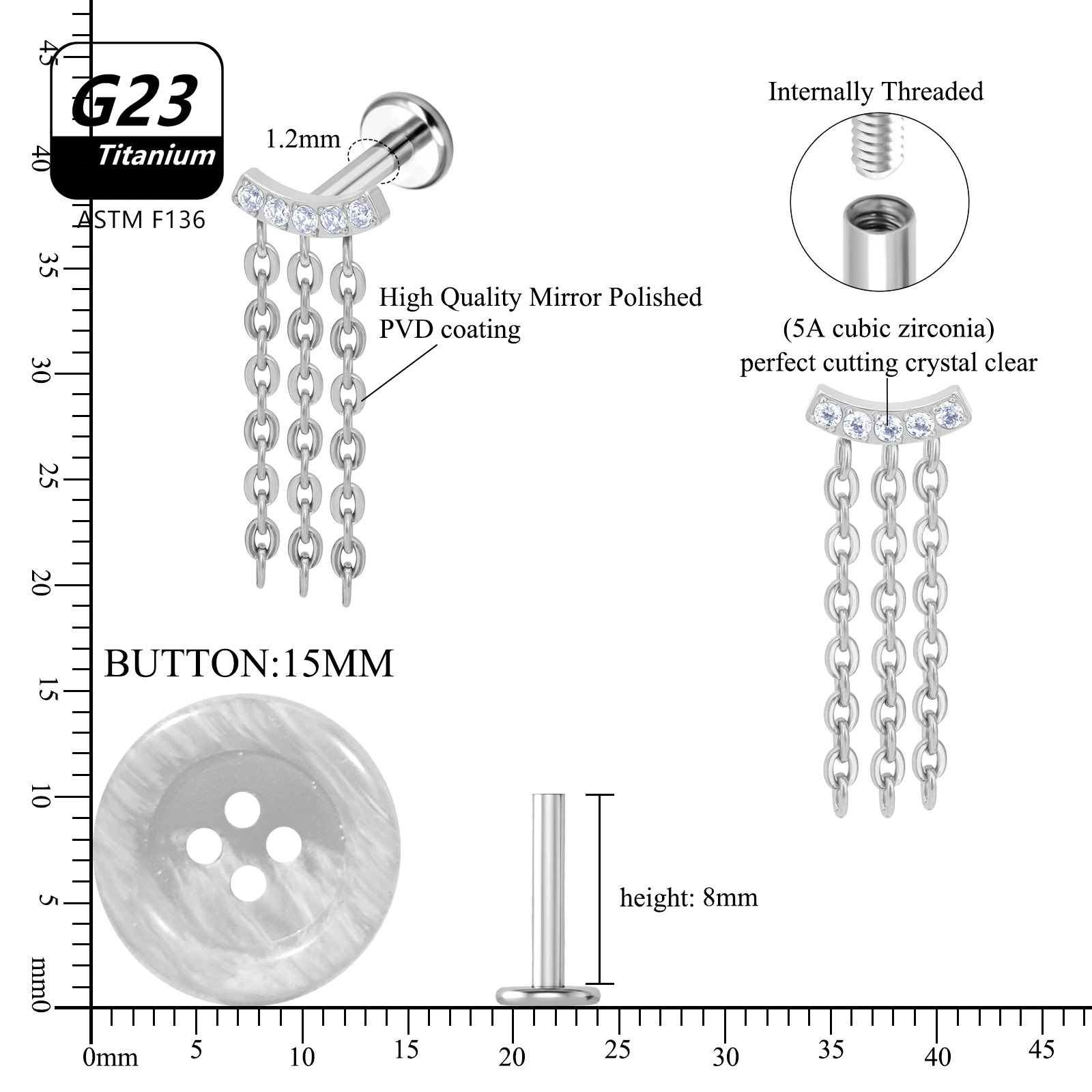 10Pcs ASTM F136 Titanium Piercing Tassel Lip Ring Labret Internally Threaded Earring Helix Cartilage Tragus Chain Earrings