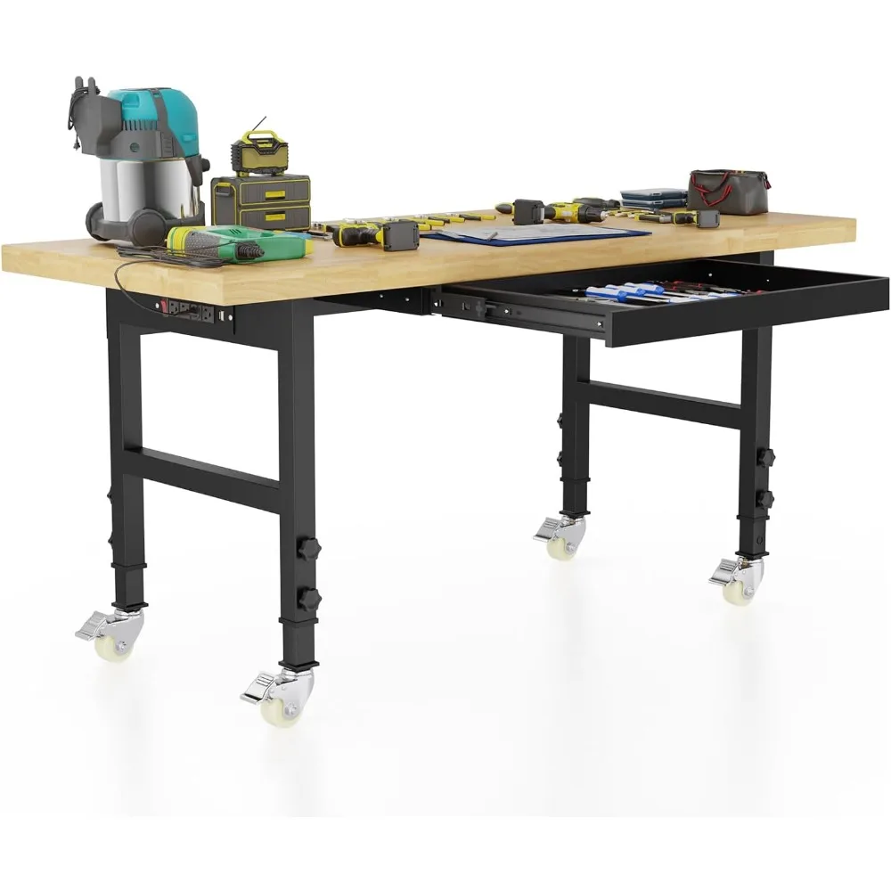 60'' Adjustable Workbench, Metal Work Bench Table with Wheels and Power Outlet, Rolling Workbench with Drawers, Large Load Capac 2