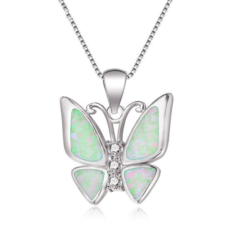 White Simulated Opal Butterfly Silver Pendant Necklace - Image 3