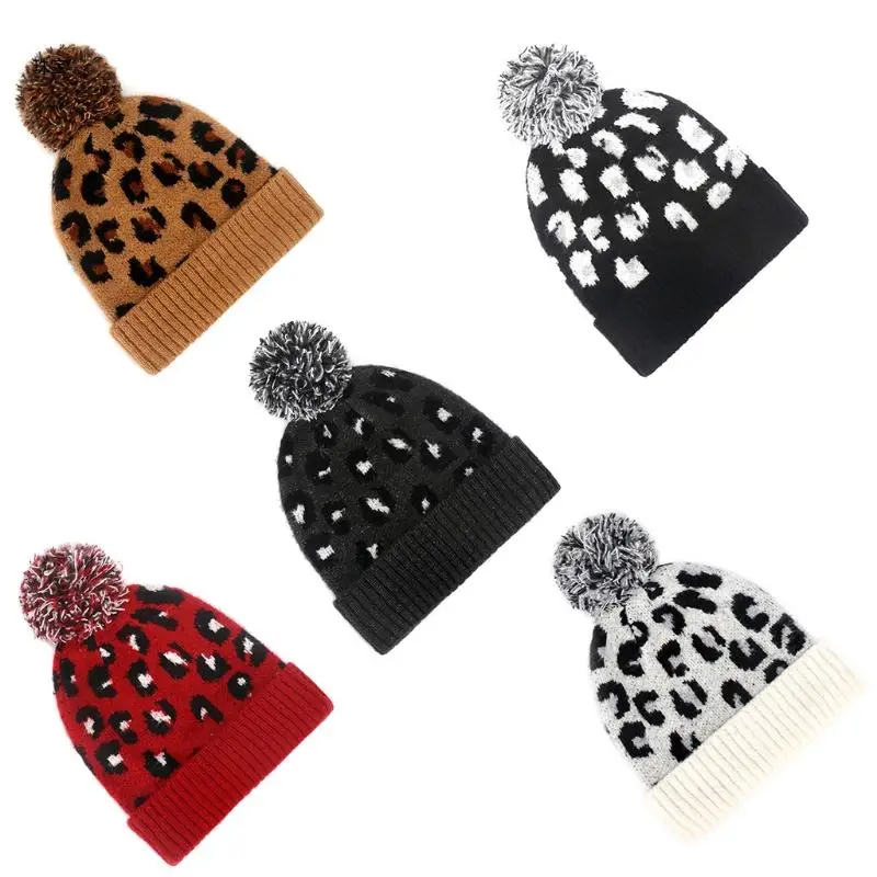 

X5QE Women Winter Warm Knitted Cuffed Beanie Hat Vintage Leopard Jacquard Big Outdoor Snow Ski Stretch Skull