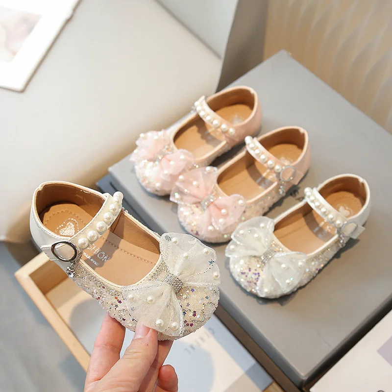 

Бежевые розовые стеклянные тапочки для девочек, обувь с кристаллами, детская обувь принцессы для свадьбы, Детская Маленькая кожаная обувь с бантом