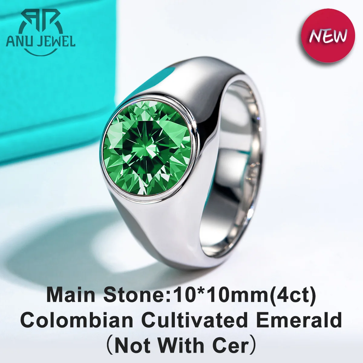 

AnuJewel 4ct Colombian Cultivated Emerald Men Rings 18K Gold Plated Silver Engagement Bezel Rings For Men Factory Jewelry