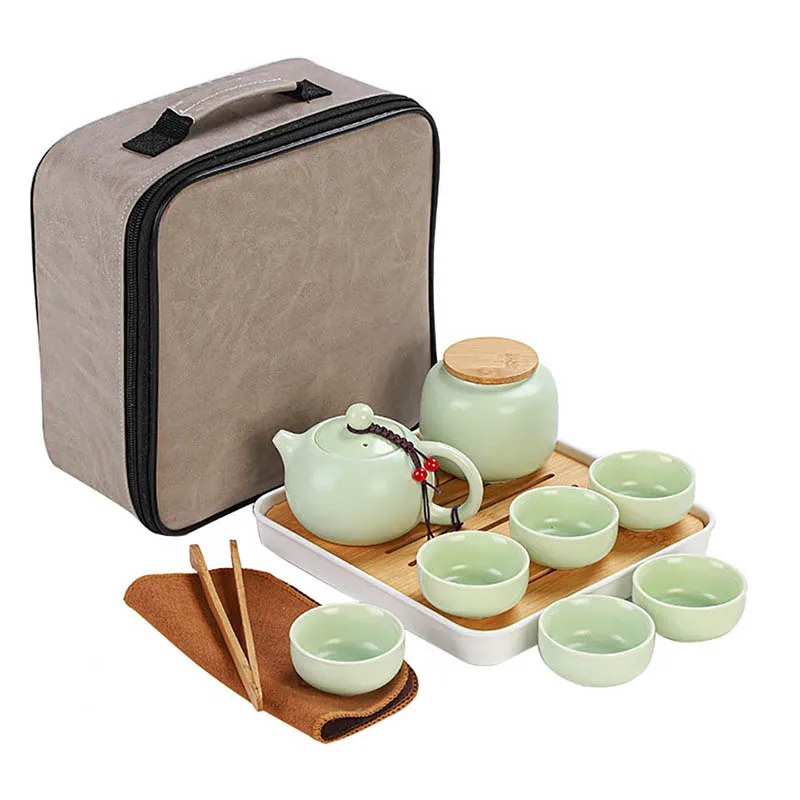 Traditional Chinese Enamel Tea Set Portable Ceramic Tea With 1 Teapot 6 Cup Tray Bag Lazy Susan Teaware Gift For Enthusiasts