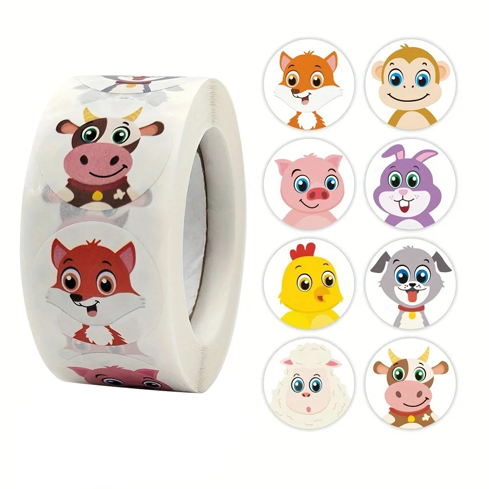 500Pcs/Roll Cartoon Animal Reward Stickers 2.5cm/1.0in Diy Decor Perfect For Learning Games Notebook Pad Fridge Gift Seal Labels