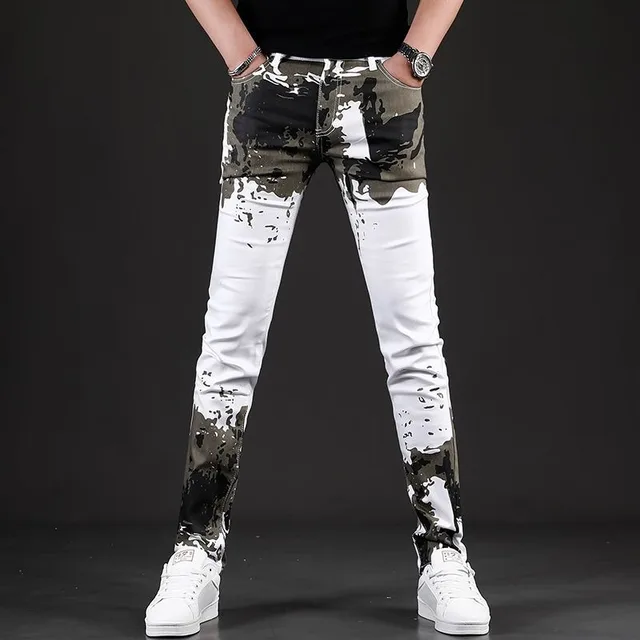 Camouflage Print Slim-fit White Jeans 2