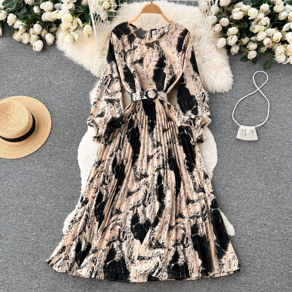 

Women Spring Dress Retro Print Maxi Dress with Lantern Sleeves High Waist Belt Women's A-line Loose Hem Fall Spring Dress Slim
