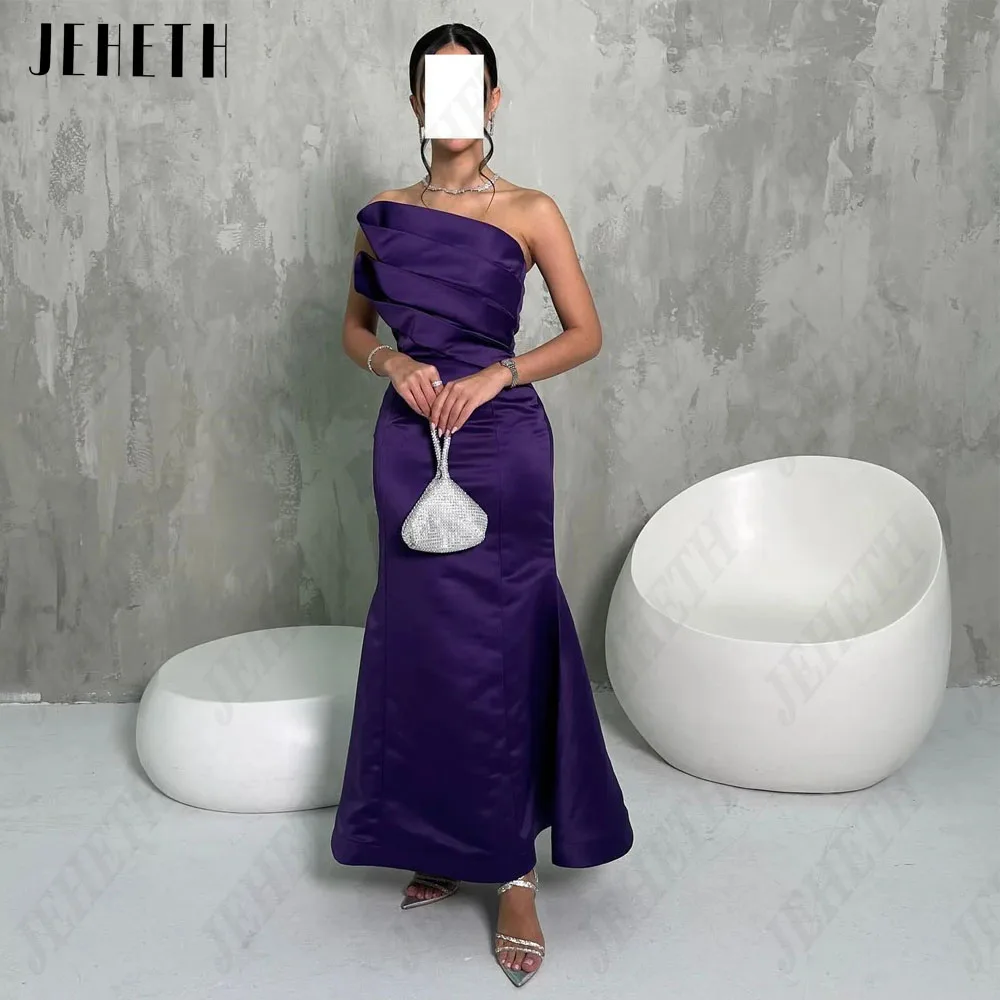 

JEHETH Mermaid Satin Saudi Arabia Prom Dress Strapless Purple Sleeveless Ankle Length Evening Gown فساتين سهره فاخره 2024