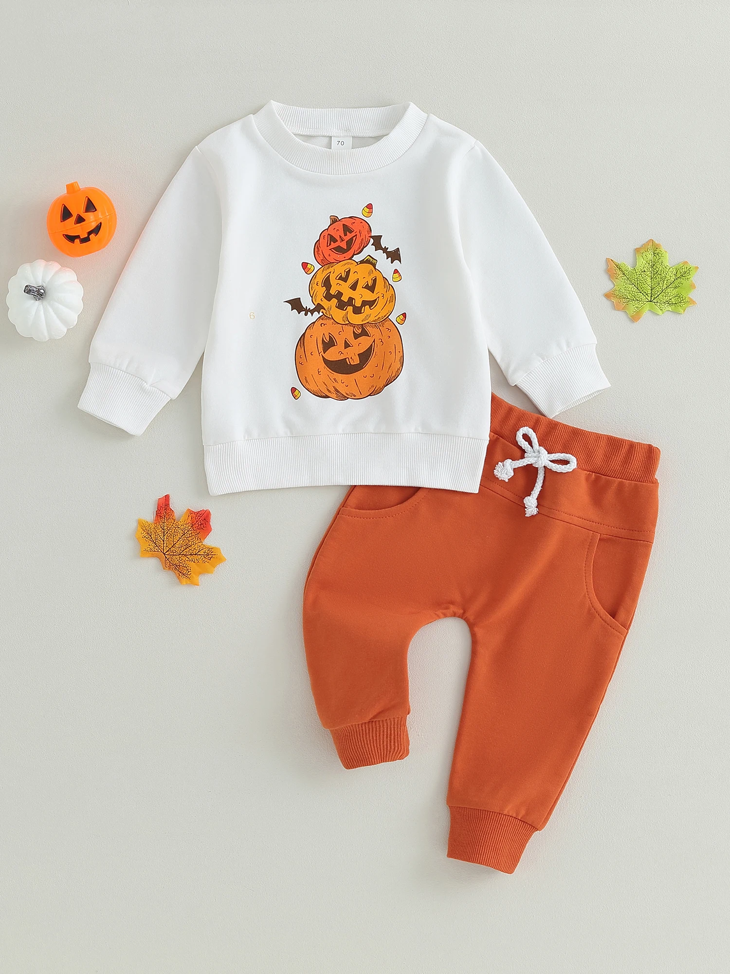 

Baby Girl Boy Halloween Costume Pumpkin Bat Print Long Sleeve Sweatshirt Solid Pants 2Pcs Fall Winter Outfit