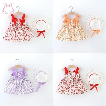 섬세한 아기 소녀 의류 딸기 활 스트랩 원피스, 유아 어린이 코스튬, 유아 어린이 의류, 세트 보내기 모자 0-3 세, 2 개/세트