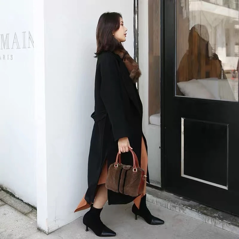 Fashion Luxury Women's Fur Handbag Winter Natural Mink Fur Shoulder Bag Real Cowhide Handles High Quality Crossbody Bag