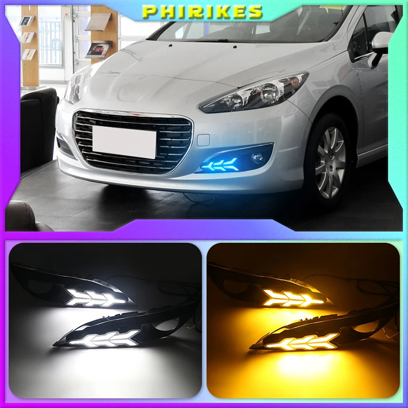 

For Peugeot 308 2012-2014 LED DRL Daytime Running Lights White Driving Light + Yellow Turn Signal Waterproof