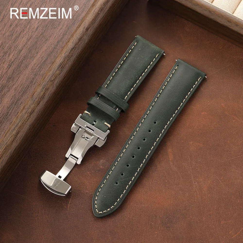 Deluxe Vintage Leather Watch Strap with Quick-Release Butterfly Buckle