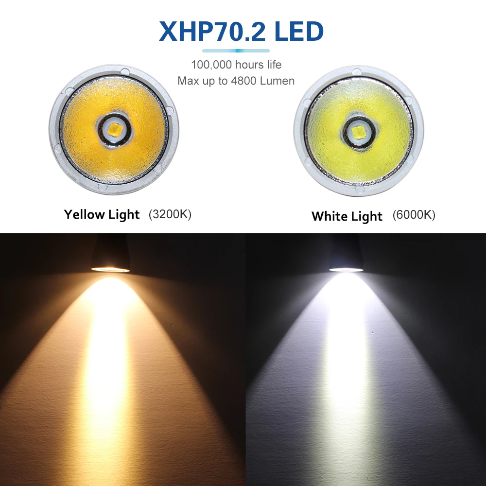 Asafee 다이빙 손전등 랜턴 램프, 100M LED 스쿠버 손전등, XHP70 라이트, IPX8 방수 토치, 4000LM