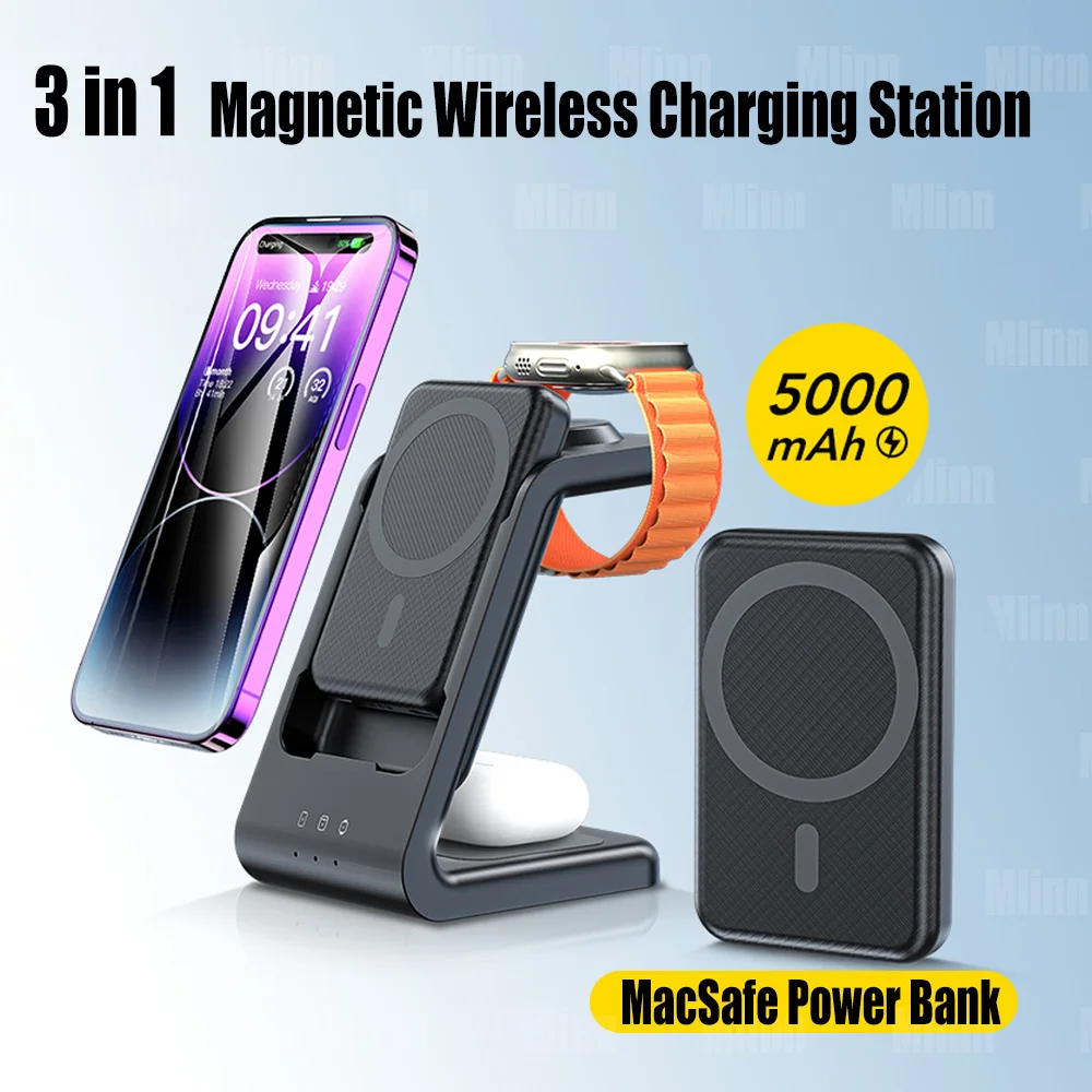 

3 In 1 Magnetic Wireless Charger Station 5000mAh Power Bank 15W MacSafe For iPhone 14 13 12 Pro Max Apple Watch Ultra 8 7 AirPod