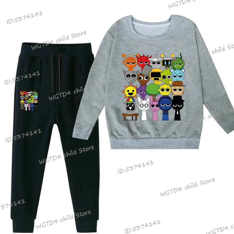 Spring Boys Girls Anime Sprunki Suit Funny Game Figure Print Sweatshirt Long Sleeve Pullovers+Fashion Sprunki Trousers 2pc Sets 4