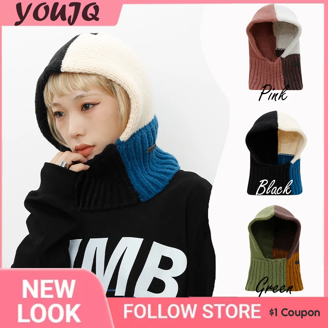 Y2K Unisex Knitted Hooded Neck Collar Splicing Hats Cool Girl HipHop