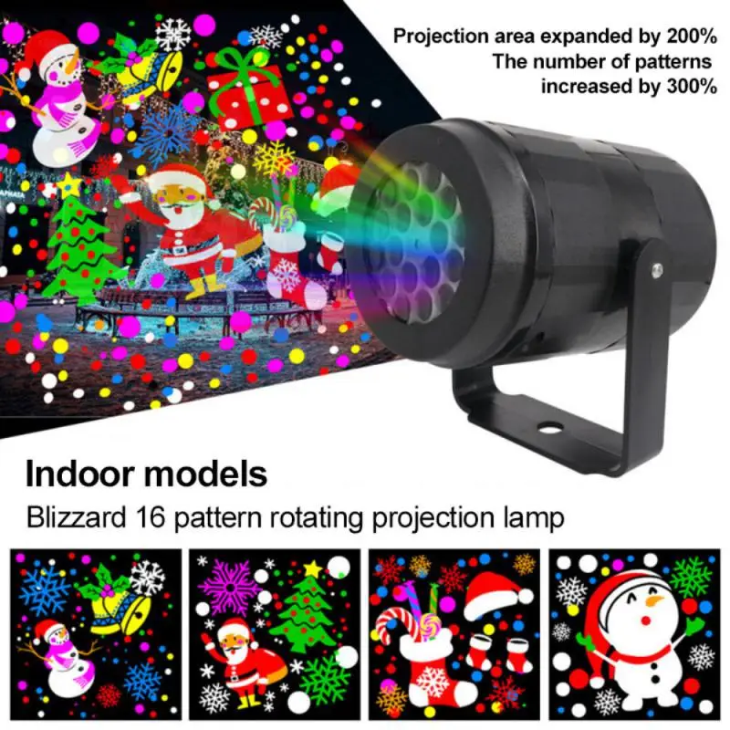

16 рисунков, фонари для сцены, искусственная Снежинка, цветной проектор для снежной штормы, Рождественская атмосфера, праздничная семейная лампа, специальная лампа