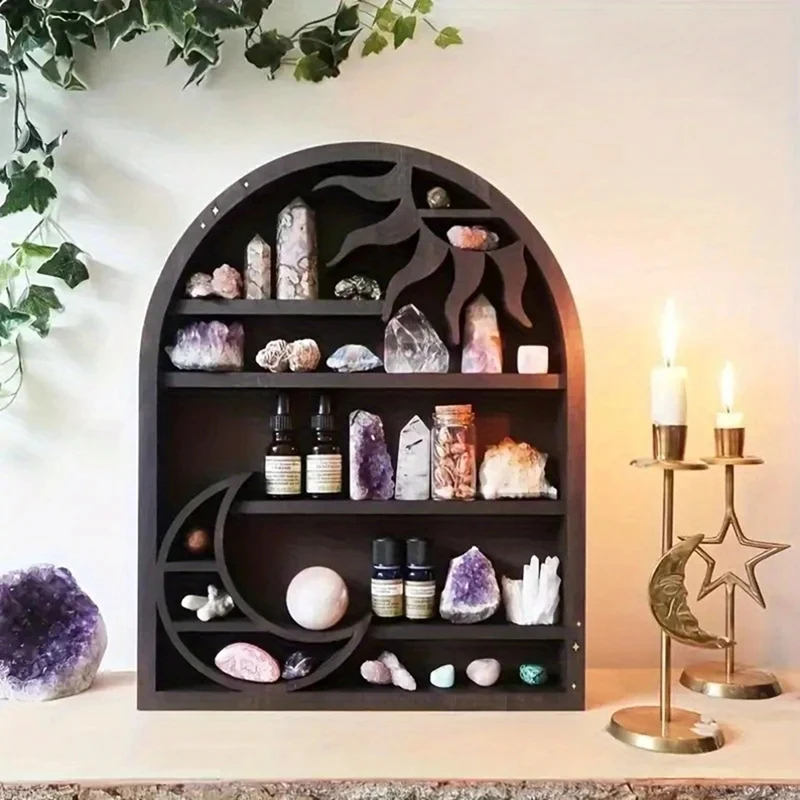 Wood Storage Shelf - Stylish And Practical Wall Shelf, Crescent Sun And Moon Crystal Shelf 2
