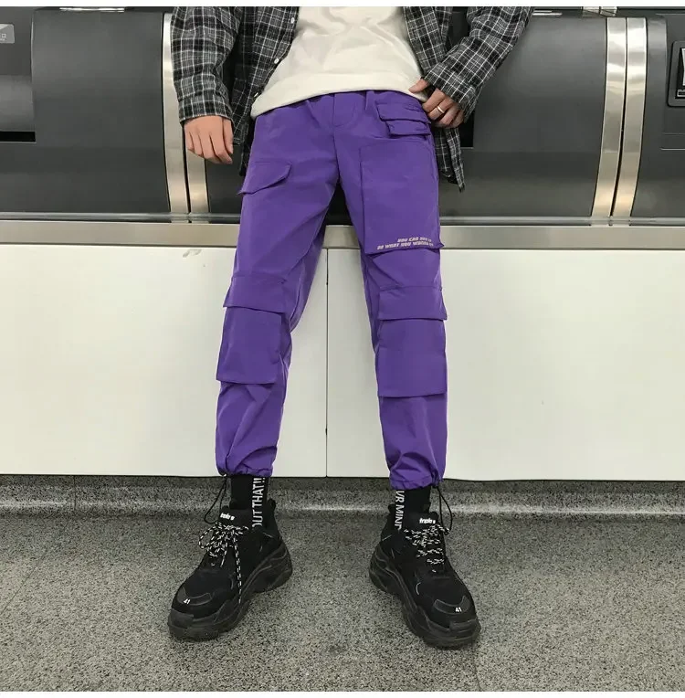 Description Picture 6 of itemFashion Men Streetwear Cargo Pants Mens Trousers Hip Hop Joggers Pockets Purple Men Woman Sweatpants Korean Ankle-Length Pants
