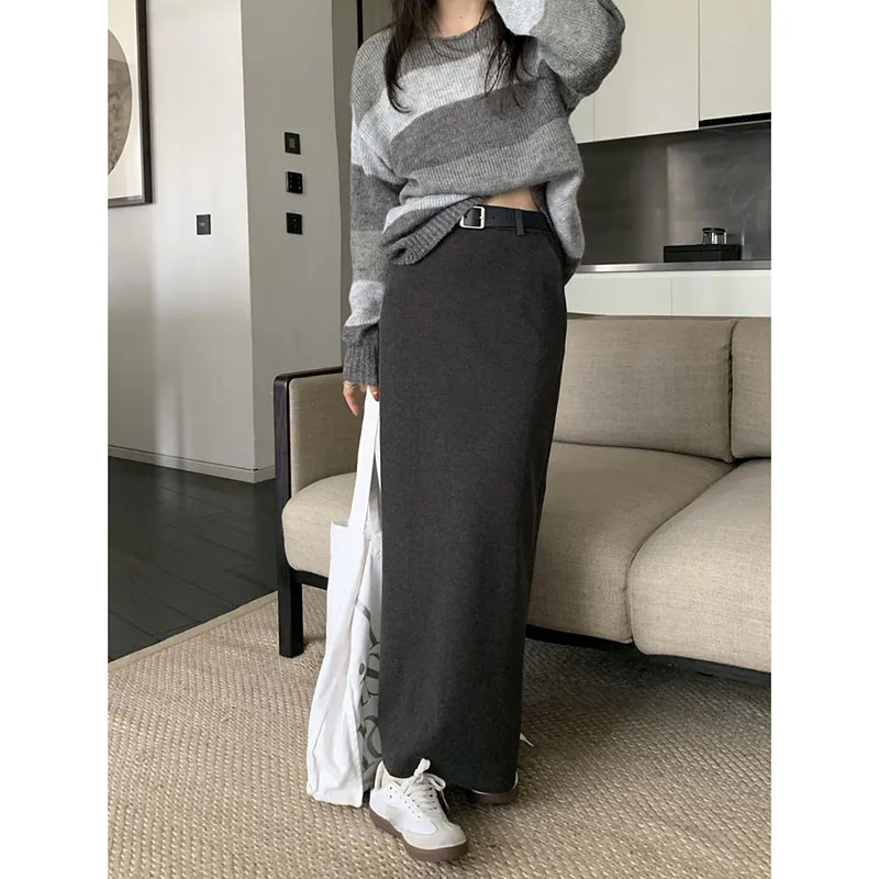 High Quality Woolen Maxi Skirts Female Elegant Chic High Waist Loose A-Line Skirts Women Vintage Streetwear Split Long Skirt 3