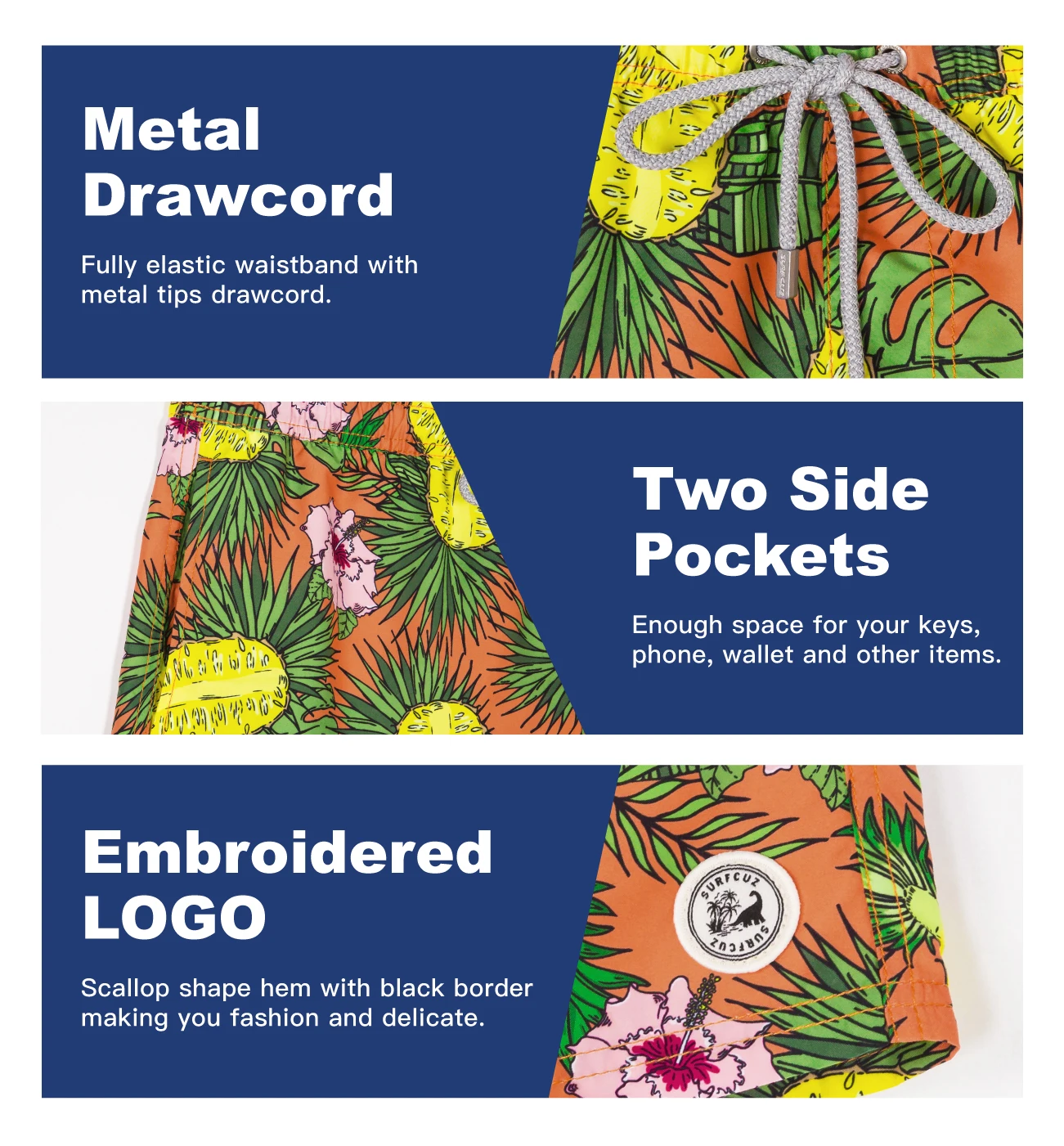 SURFCUZ Mens Swim Shorts with Mesh Lining Hawaiian Style Mens Swimwear Shorts Quick Dry Beach Board Shorts Swim Trunks for Men