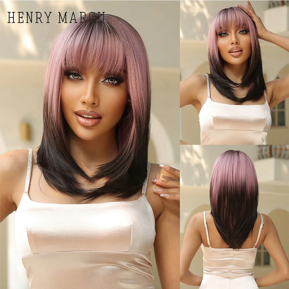 

HENRY MARGU Pink Ombre Black Short Straight Synthetic Wigs with Bangs Bob Wig for Women Daily Cosplay Party Heat Resistant Hair